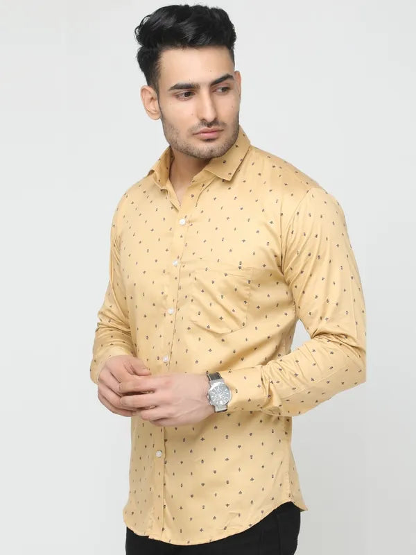 Beige Pure Cotton Printed Casual Slim fit Shirt for Men