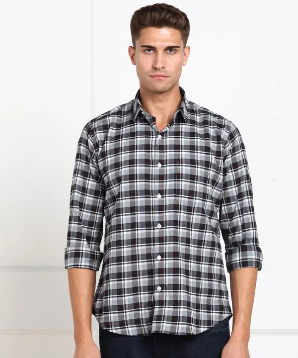 Grey Pure Cotton Checkered Casual Slim Fit Shirt For Men