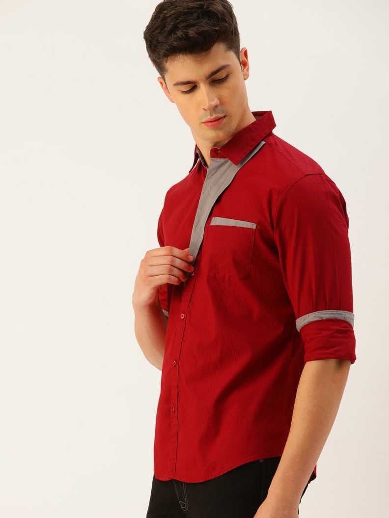 Red Pure Cotton Solid Casual Slim fit Shirt for Men