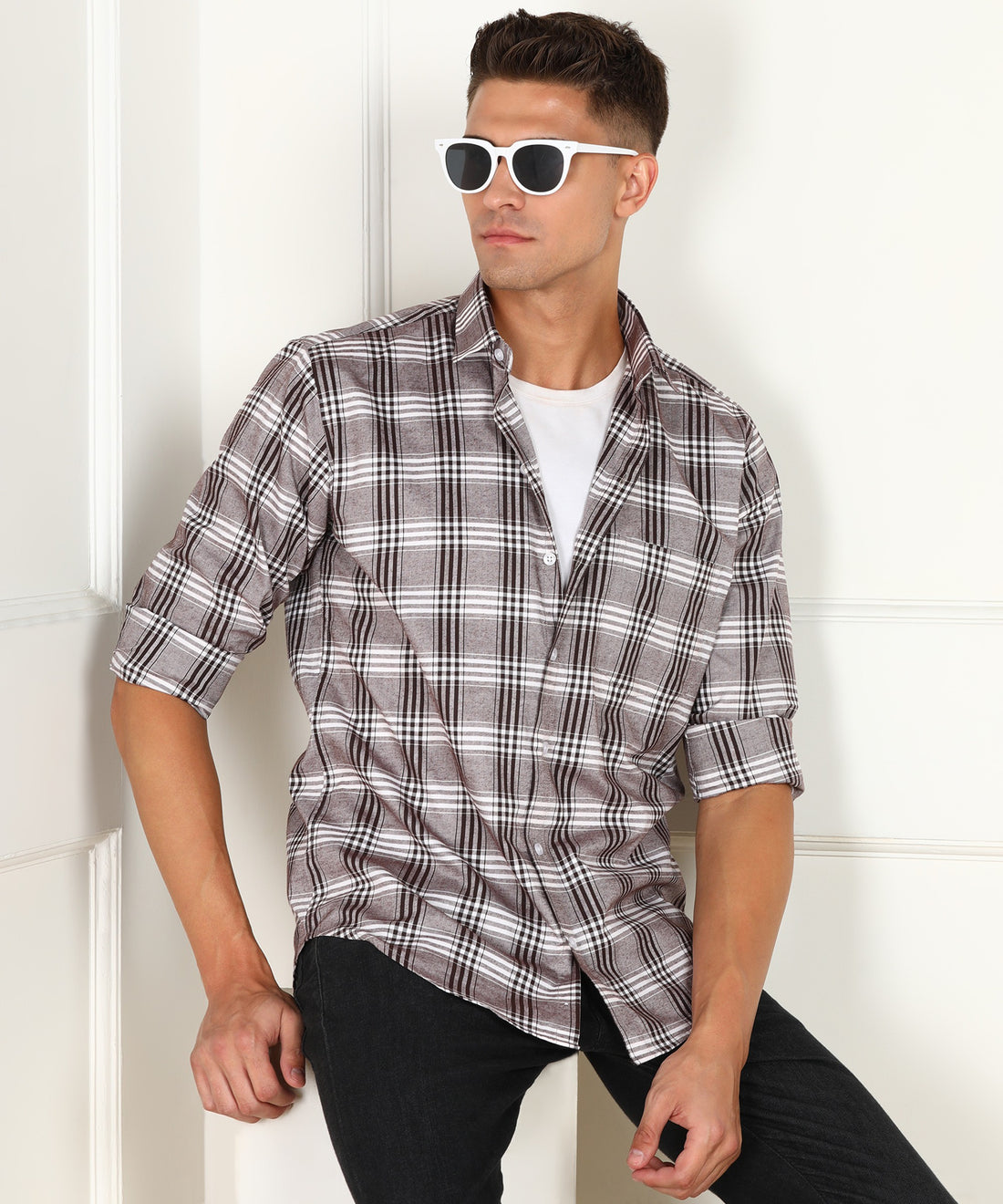 Grey Pure Cotton Checkered Casual Slim fit Shirt for Men